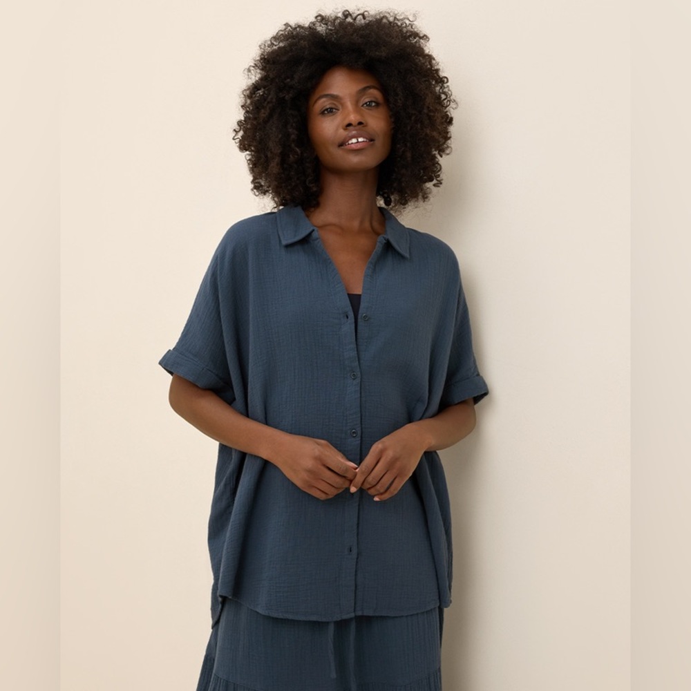 Pact 100% Organic Cotton Coastal Gauze Oversized Button Down Top in French Navy
